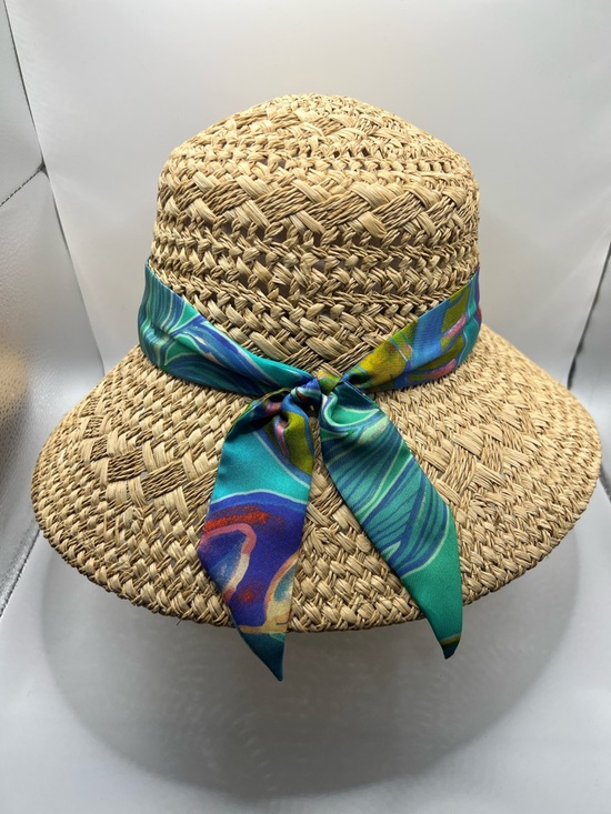 282. NWT. Johnny Was Raffia Boho Resort Hat w/ Turquoise Multicolor Scarf.